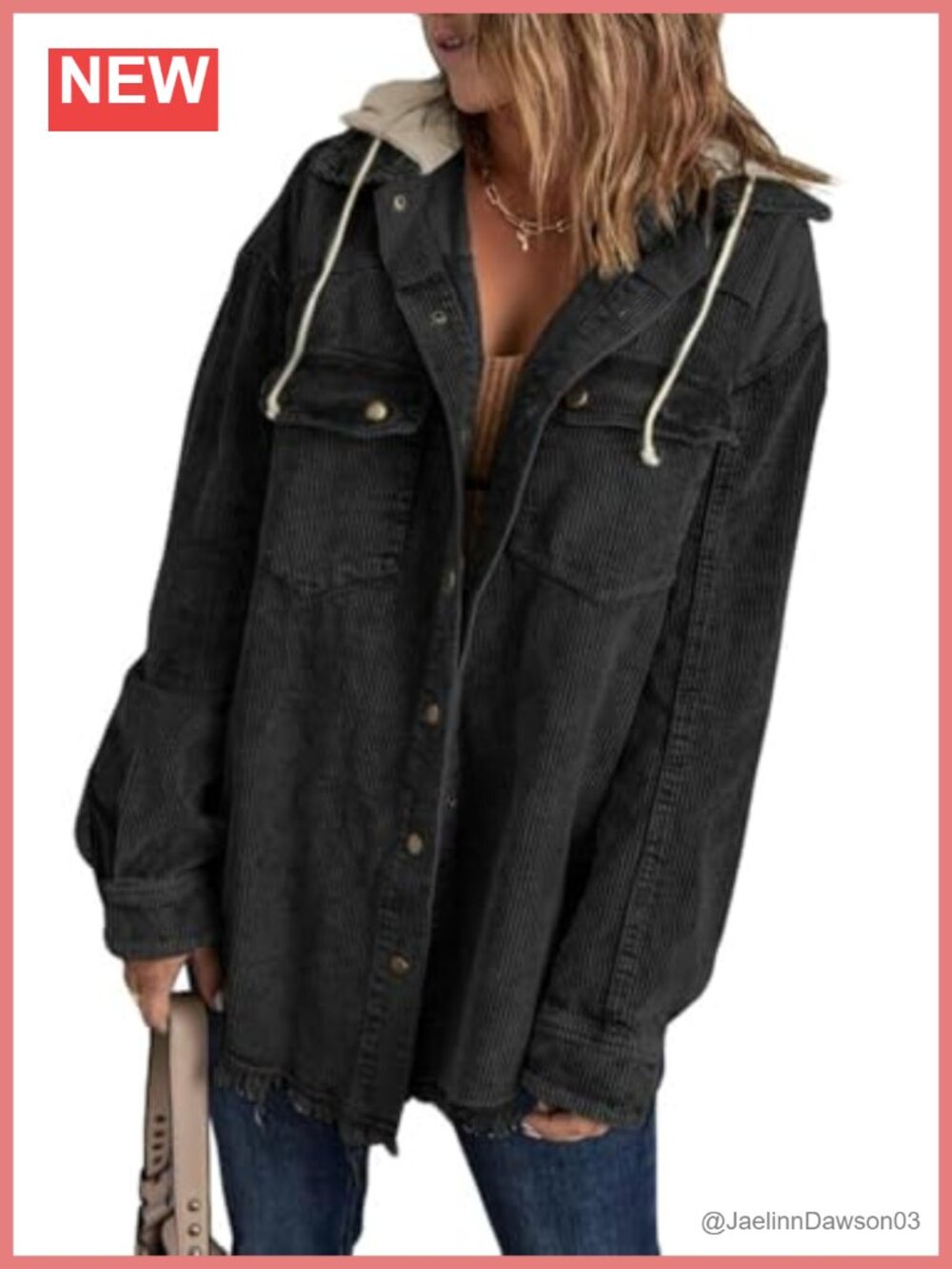 Corduroy Shacket Jacket Button Down Hooded Raw Hem Pockets
